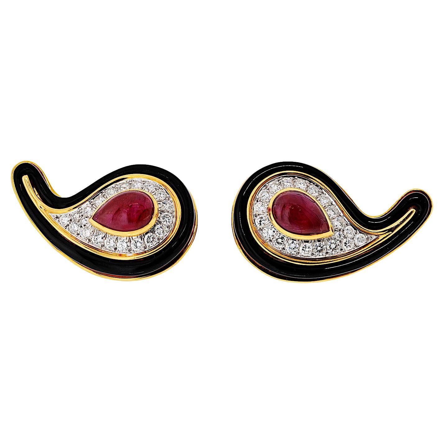 David Webb 18K Yellow Gold Black Enamel Diamond And Ruby Clip On Earrings