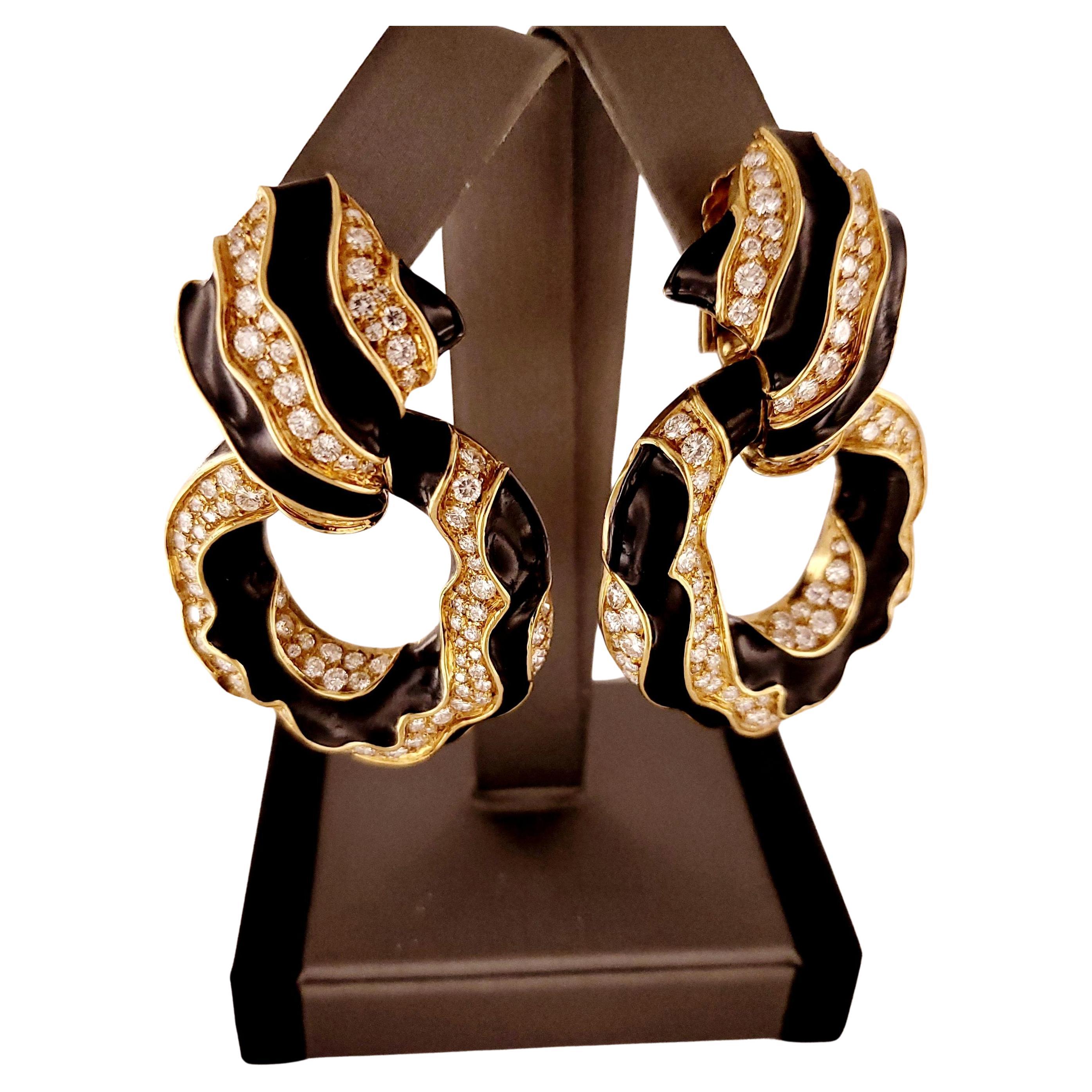 David Webb 18K Yellow Gold & Black Enamel Diamond Clip-On Earrings