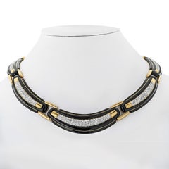 David Webb 18K Yellow Gold Black Enamel Diamond Collar 9.00cttw Necklace