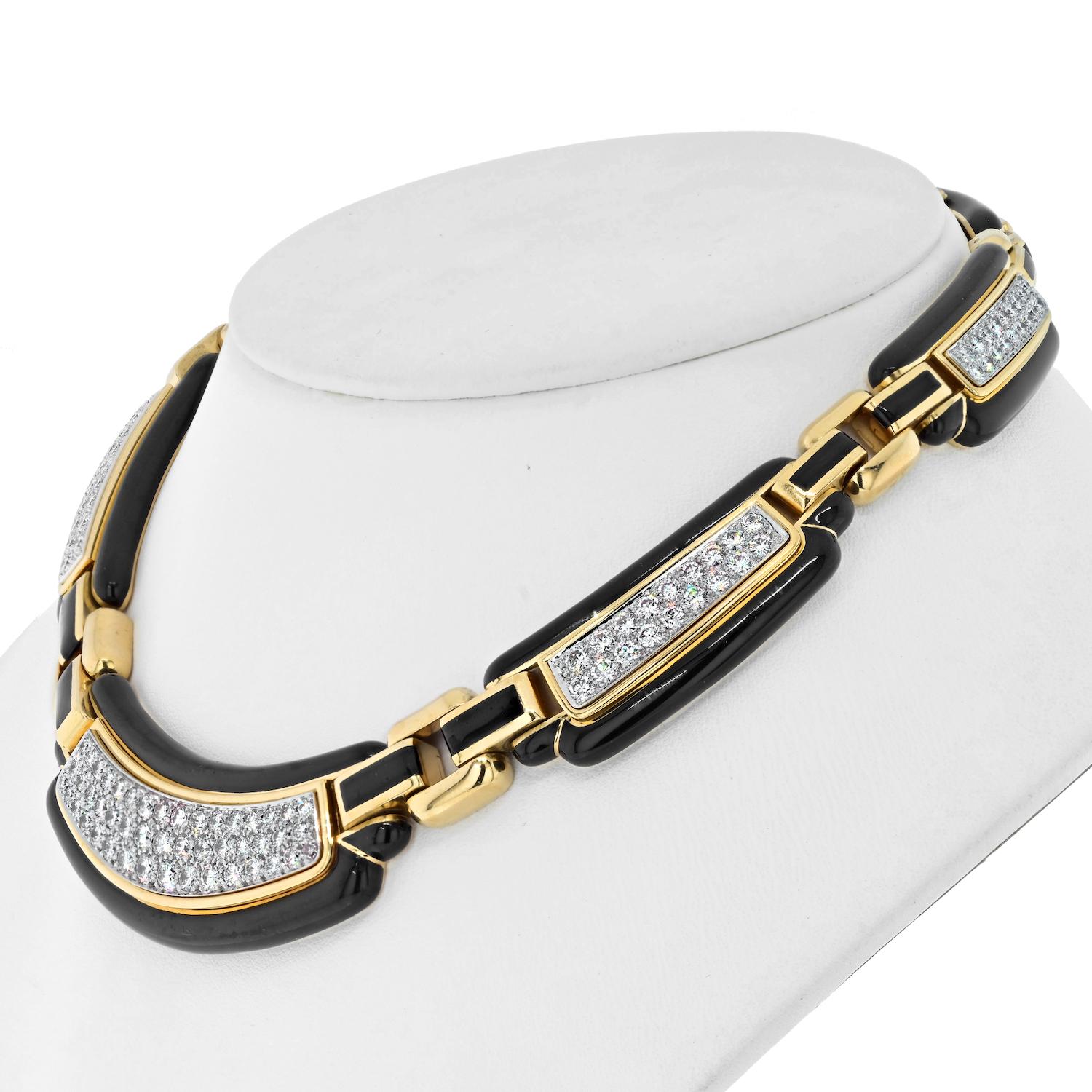 Modern David Webb 18K Yellow Gold Black Enamel Diamond Collar 9.00cttw Necklace For Sale