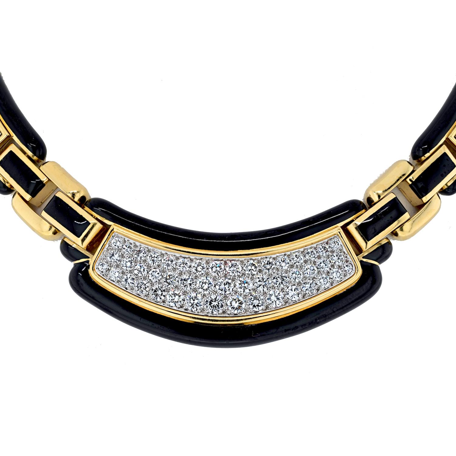 Round Cut David Webb 18K Yellow Gold Black Enamel Diamond Collar 9.00cttw Necklace For Sale