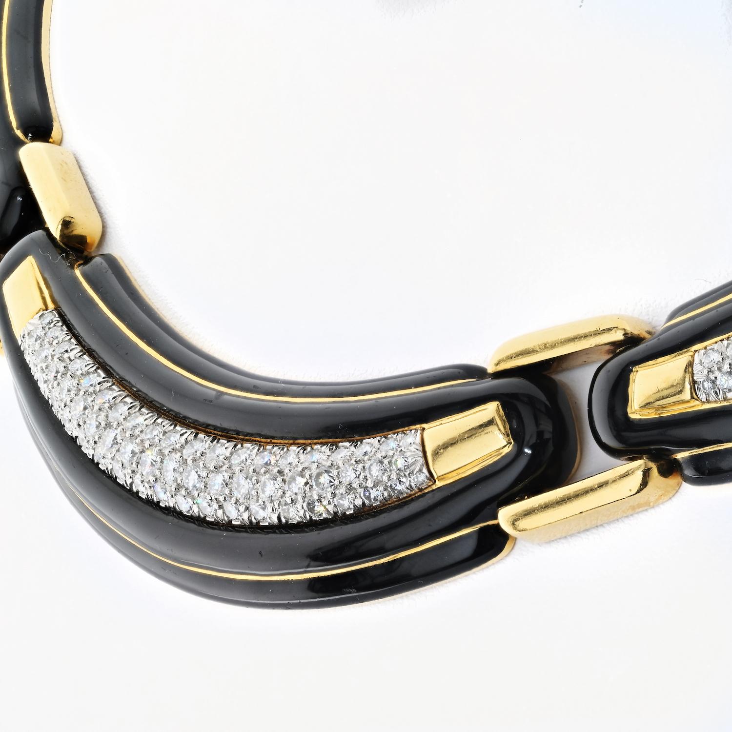 David Webb Collier en or jaune 18K émaillé noir avec diamants 9.00cttw Excellent état - En vente à New York, NY