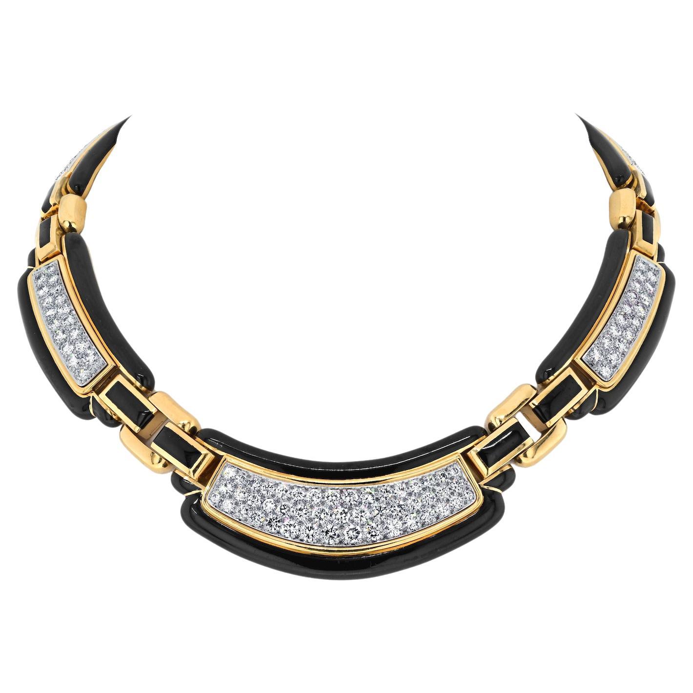 David Webb 18K Yellow Gold Black Enamel Diamond Collar 9.00cttw Necklace For Sale