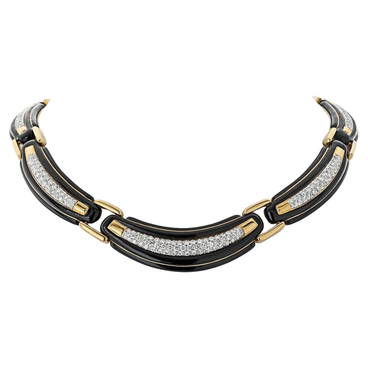 David Webb 18K Yellow Gold Black Enamel Diamond Collar 9.00cttw Necklace