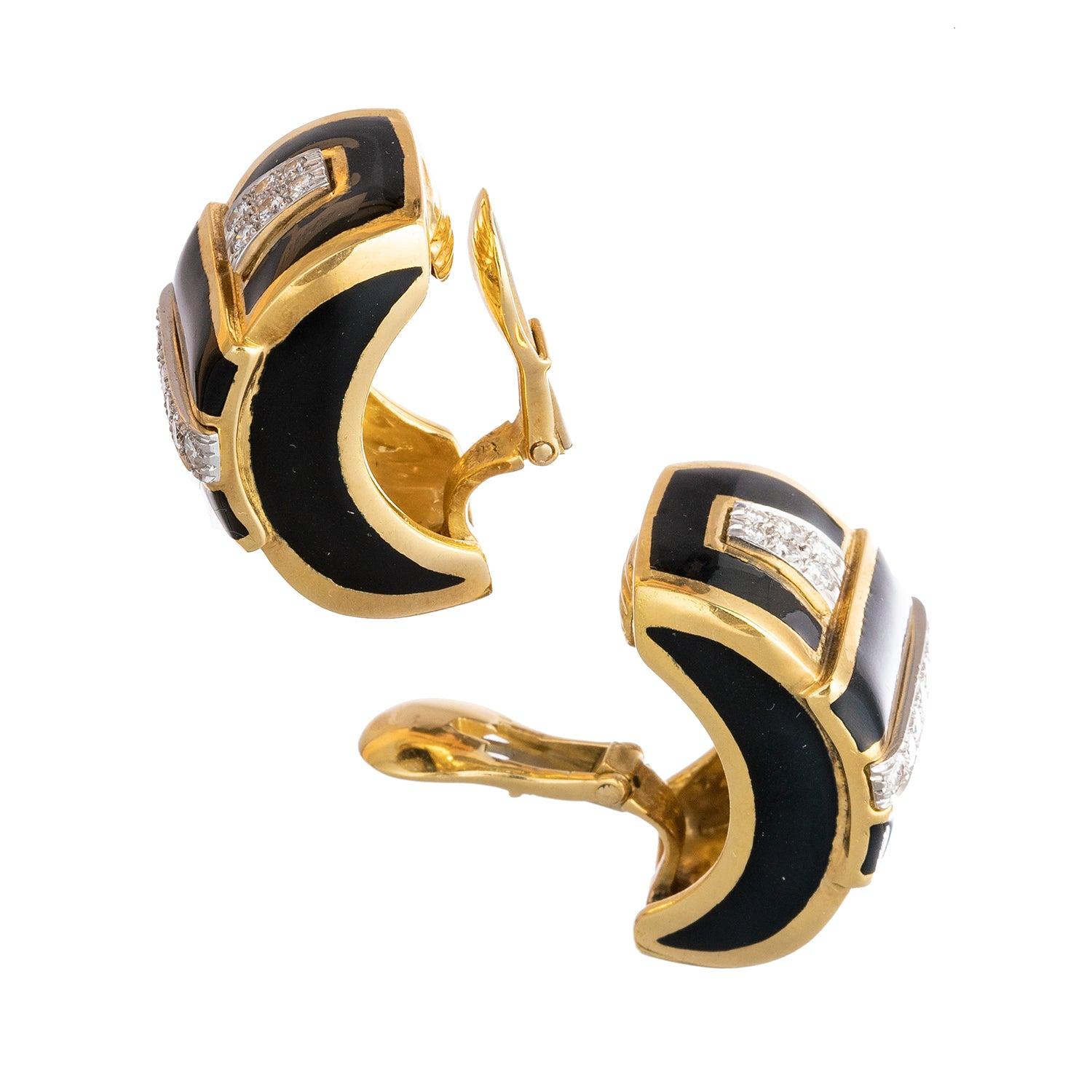 Brilliant Cut David Webb 18k Yellow Gold Black Enamel Diamond Earrings For Sale