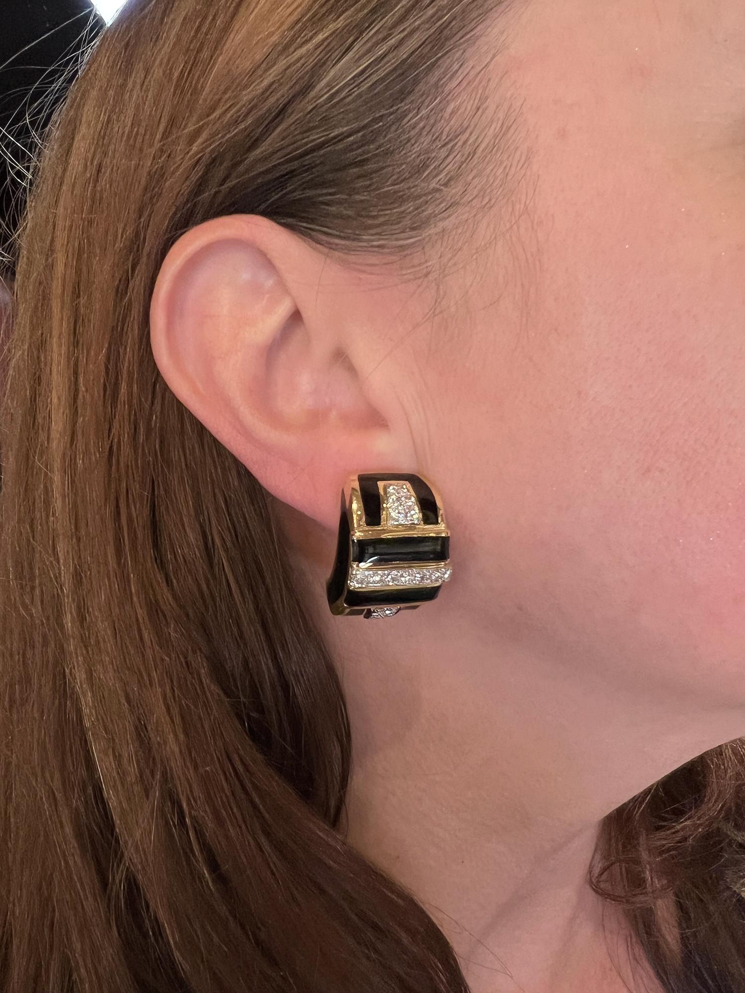 Women's or Men's David Webb 18k Yellow Gold Black Enamel Diamond Earrings For Sale