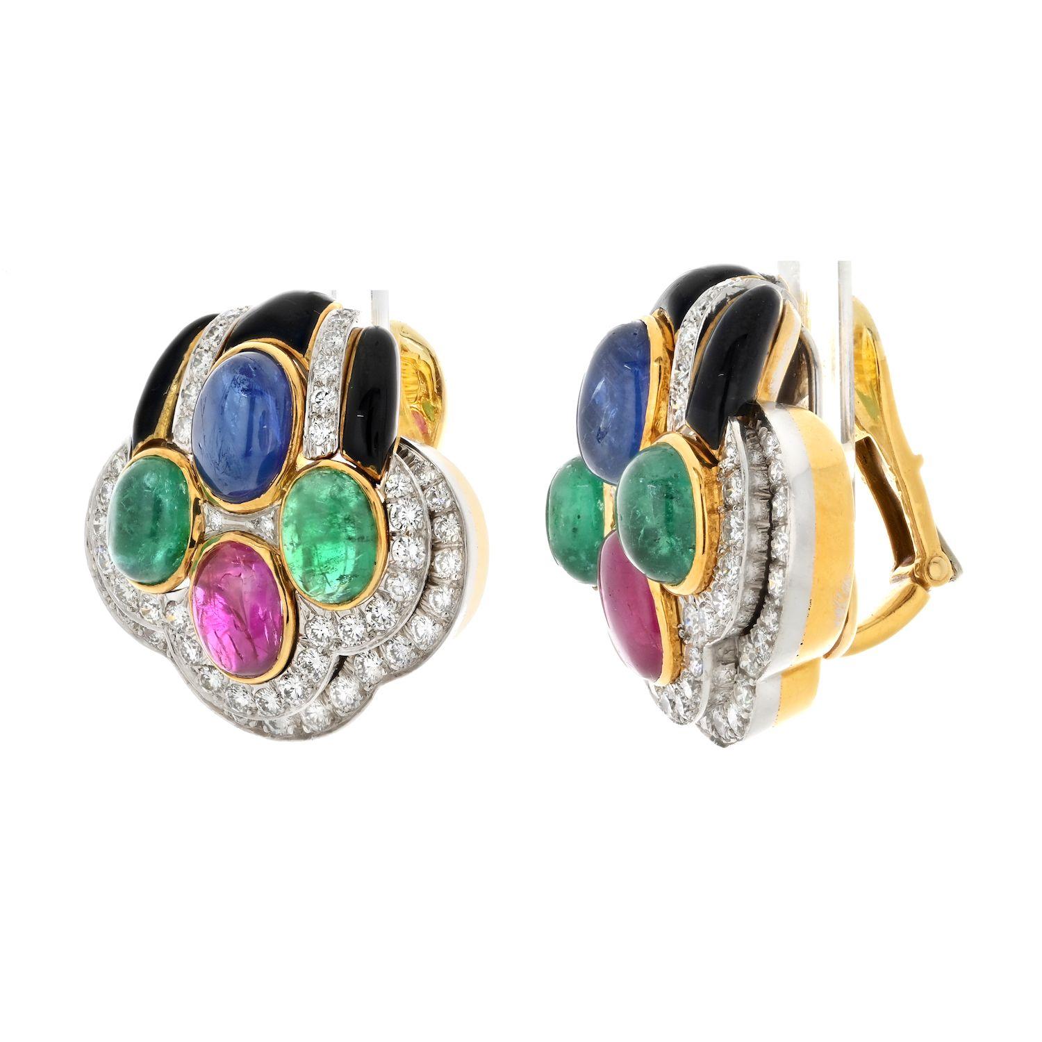 Modern David Webb 18k Yellow Gold Black Enamel Diamond Sapphire Emerald Ruby Earrings For Sale
