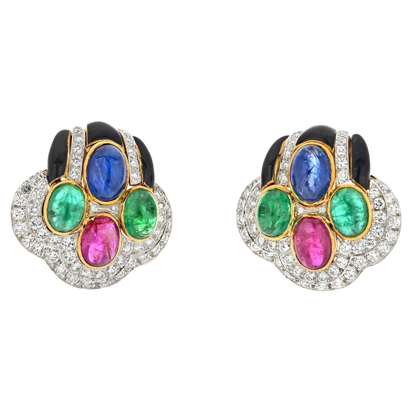 David Webb 18k Yellow Gold Black Enamel Diamond Sapphire Emerald Ruby Earrings For Sale