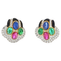David Webb 18k Yellow Gold Black Enamel Diamond Sapphire Emerald Ruby Earrings