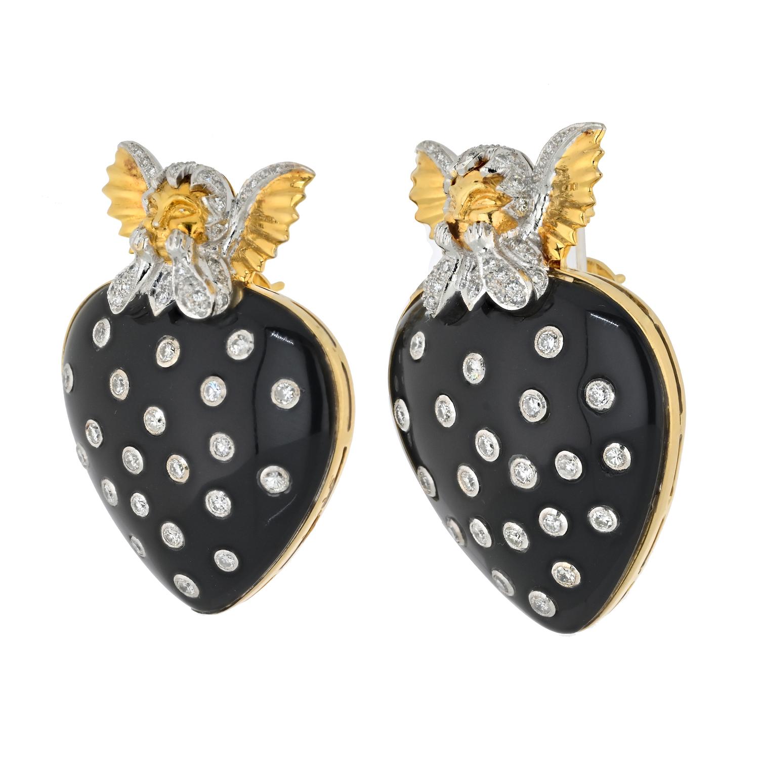Indulge in a touch of whimsical elegance with these estate earrings by David Webb. Crafted in the form of striking black enameled hearts, these exquisite pieces are adorned with shimmering round diamonds that add a touch of sparkle and allure.