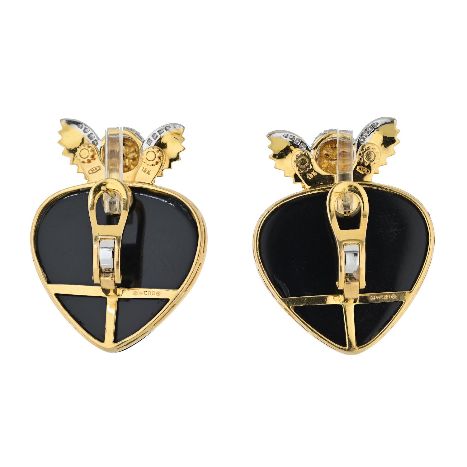 Round Cut David Webb 18K Yellow Gold Black Enamel, Diamond Studded Heart and Cupid Earring For Sale