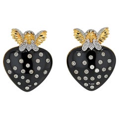 David Webb 18K Yellow Gold Black Enamel, Diamond Studded Heart and Cupid Earring