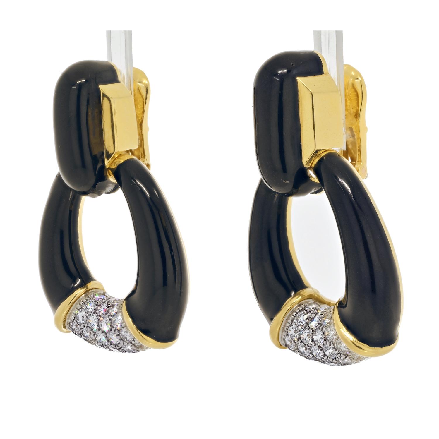 Modern David Webb 18K Yellow Gold Black Enamel, Diamonds, Door Knocker Earrings For Sale