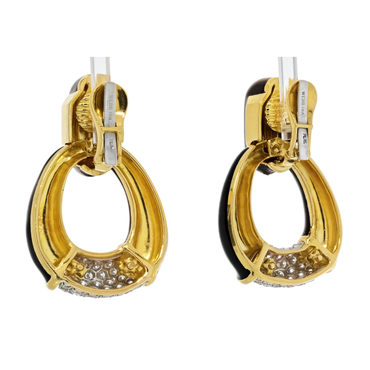 Round Cut David Webb 18K Yellow Gold Black Enamel, Diamonds, Door Knocker Earrings For Sale