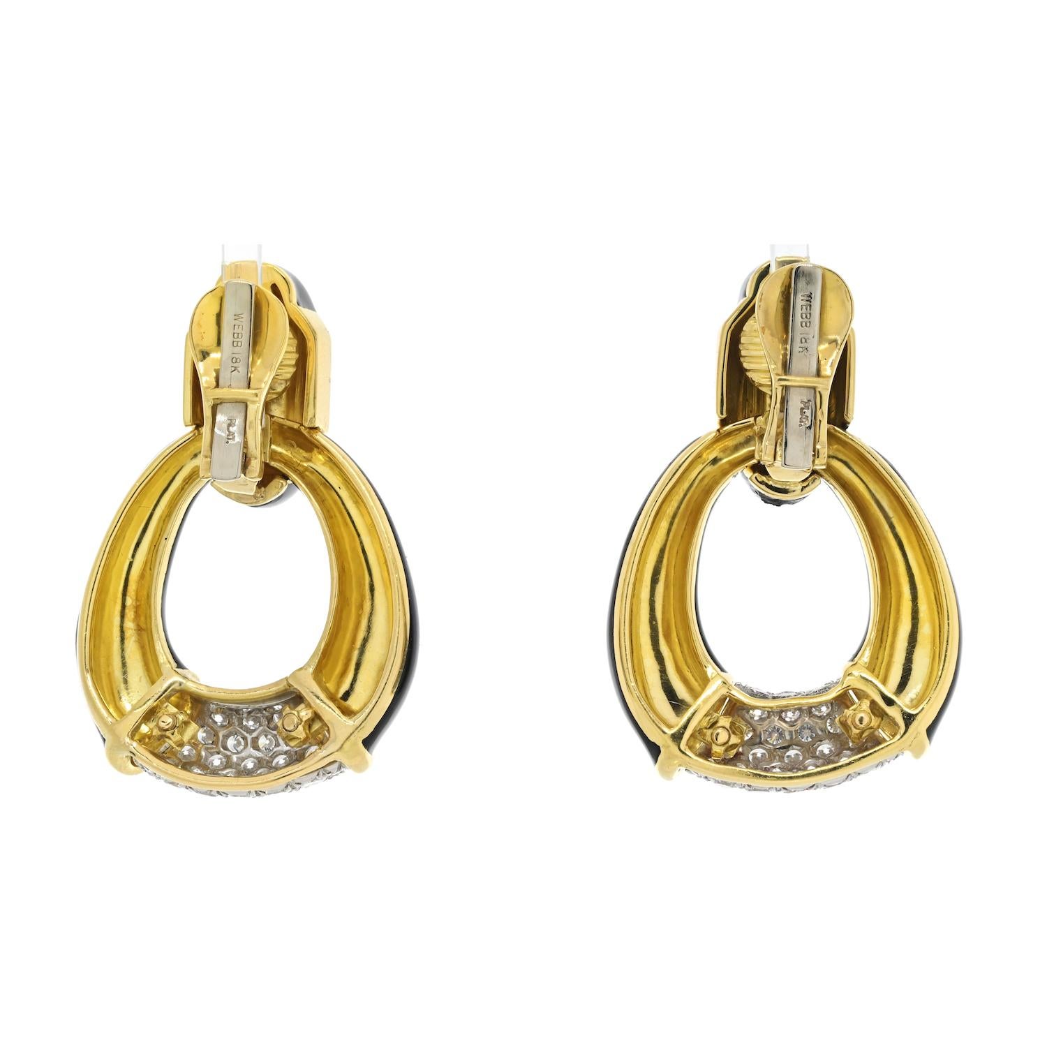 David Webb 18K Yellow Gold Black Enamel, Diamonds, Door Knocker Earrings In Excellent Condition For Sale In New York, NY
