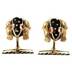 David Webb 18k Yellow Gold Black Enamel Frog Cufflinks