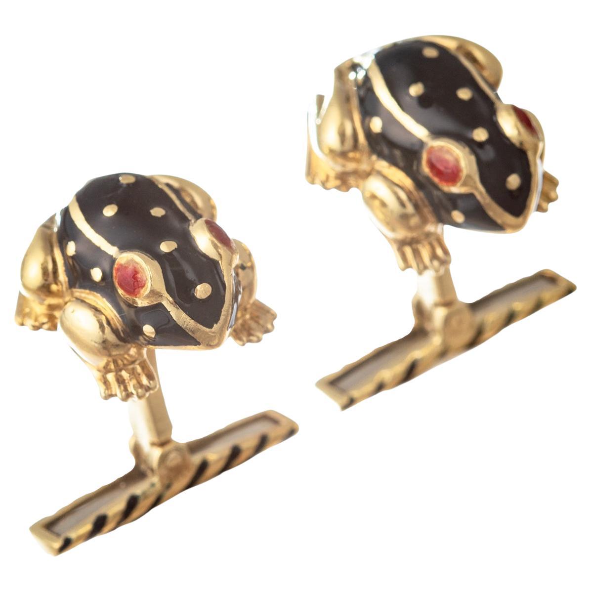 David Webb 18k Yellow Gold Black Enamel Frog Cufflinks