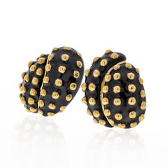 David Webb 18K Yellow Gold Black Enamel Gold Studded Clip Earrings