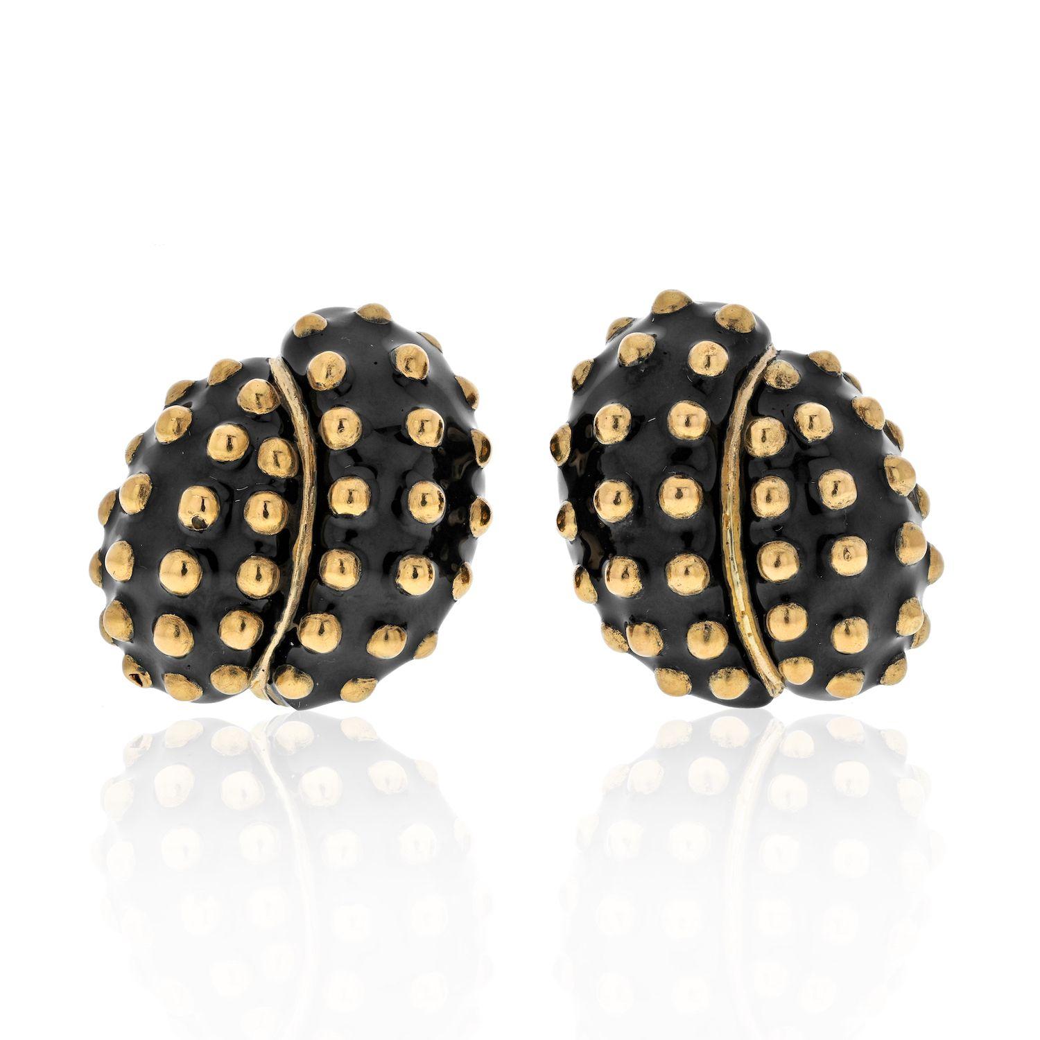 Modern David Webb 18K Yellow Gold Black Enamel Gold Studded Clip Earrings For Sale