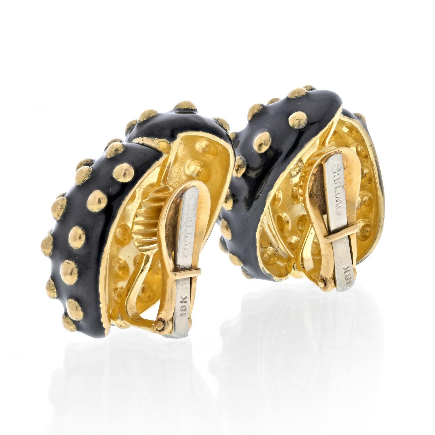Women's David Webb 18K Yellow Gold Black Enamel Gold Studded Clip Earrings For Sale