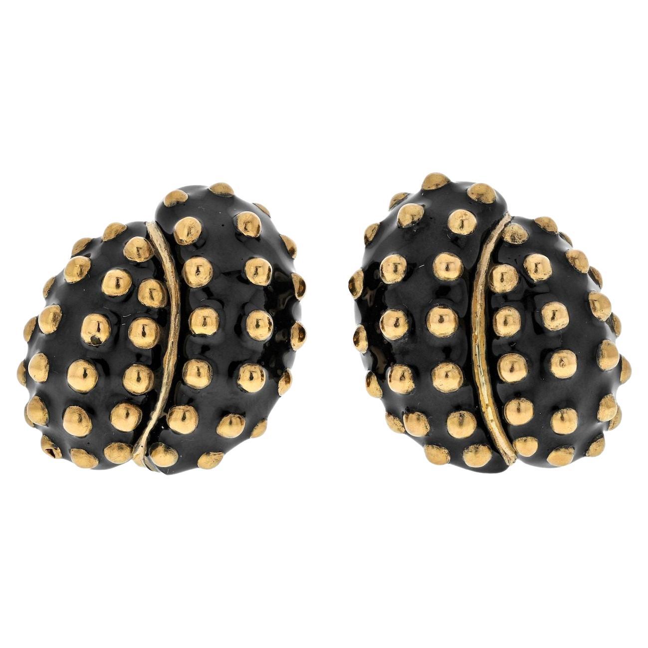 David Webb 18K Yellow Gold Black Enamel Gold Studded Clip Earrings For Sale