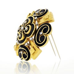 David Webb 18 Karat Yellow Gold Black Enamel, Heraldic Scroll Diamond Brooch