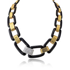 David Webb 18K Yellow Gold Black Enamel Link Necklace