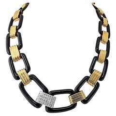 David Webb 18K Yellow Gold Black Enamel Link Necklace