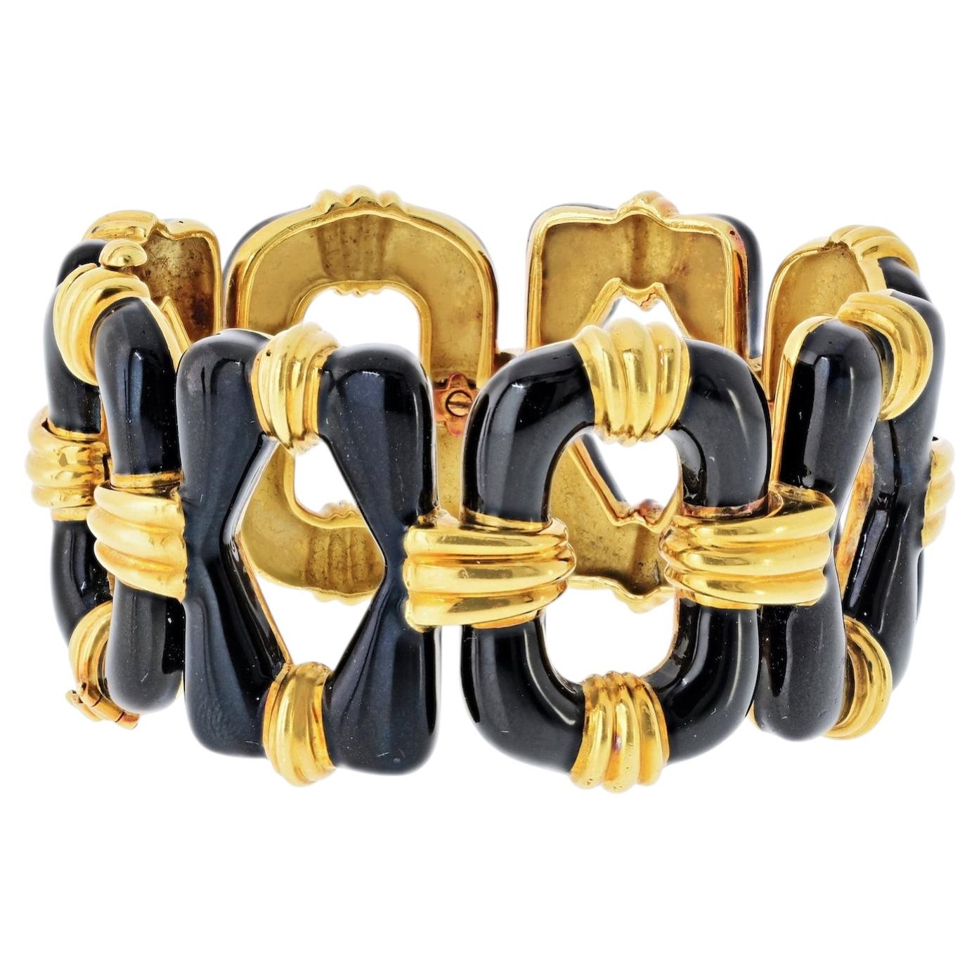 Pre-owned David Webb 18k Yellow Gold Black Enamel Open Link Bracelet