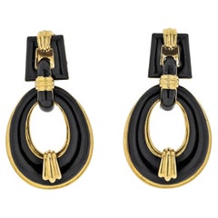 David Webb 18K Yellow Gold Black Enamel Used Door Knockers Earrings