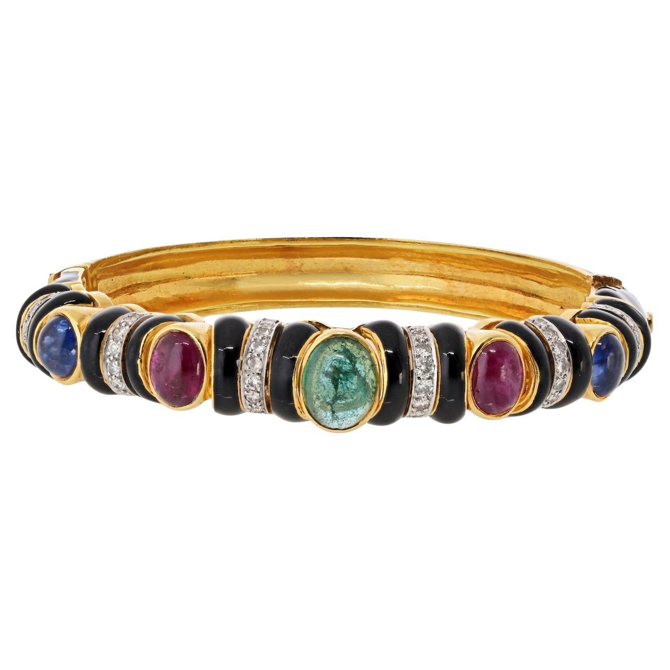 David Webb Pulsera de oro amarillo de 18 quilates con esmalte negro, piedras preciosas y diamantes