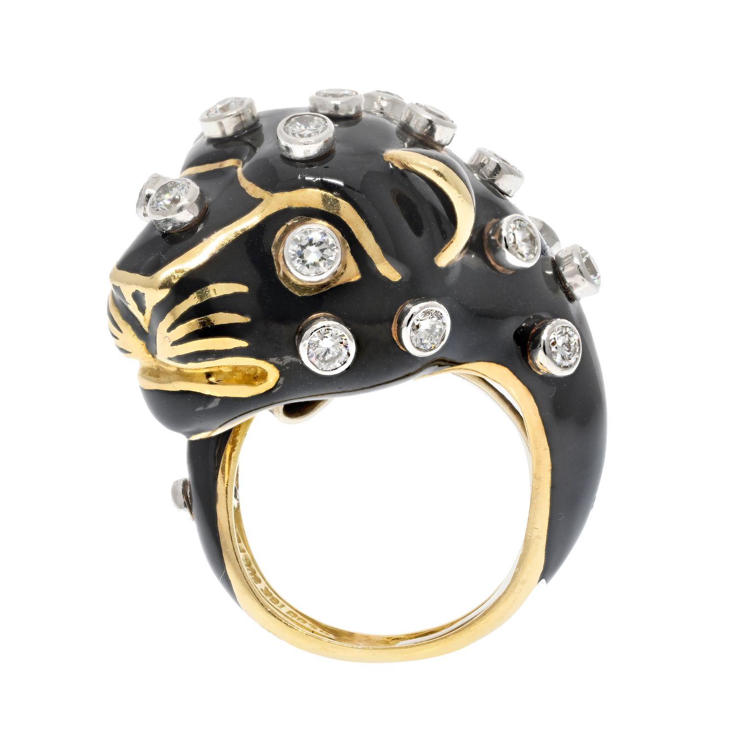 The leopard-shaped fashion ring made by David Webb is a stunning piece of jewelry that showcases both his design expertise and craftsmanship. The cocktail ring is crafted from 18k yellow gold and is covered by black enamel, giving it a sleek and