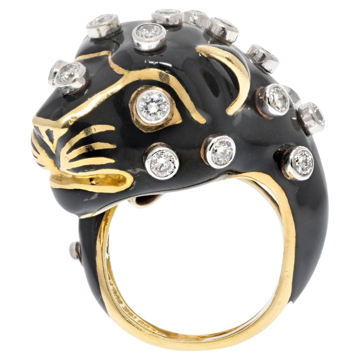 David Webb Anillo de cóctel de oro amarillo de 18 quilates con diamante leopardo negro en venta