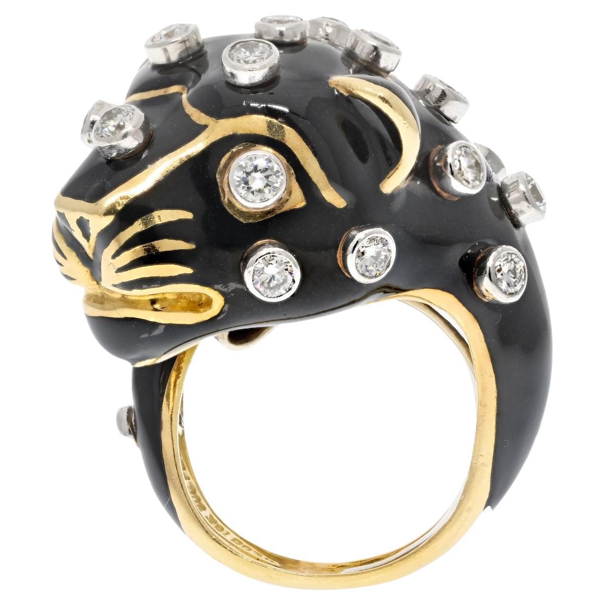 David Webb Bague cocktail en or jaune 18 carats avec léopard noir et diamants