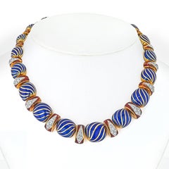 David Webb 18K Yellow Gold Blue And Red Enamel Diamond Collar Necklace
