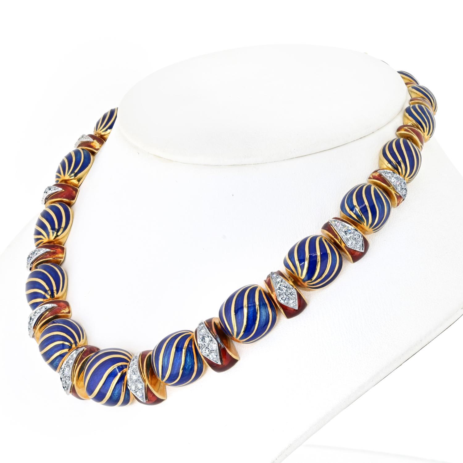 Modern David Webb 18K Yellow Gold Blue And Red Enamel Diamond Collar Necklace For Sale