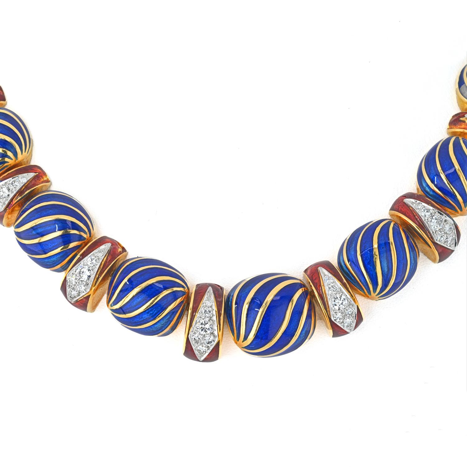 Round Cut David Webb 18K Yellow Gold Blue And Red Enamel Diamond Collar Necklace For Sale