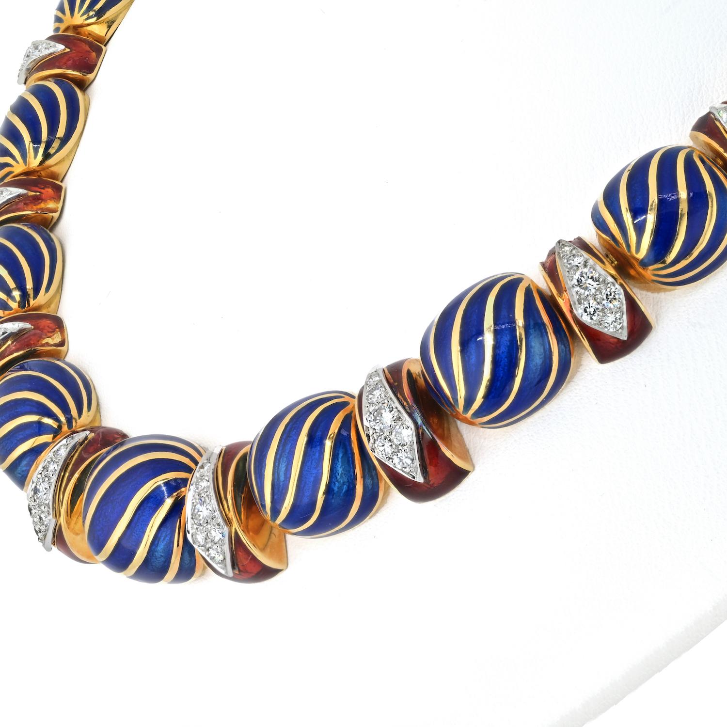 David Webb 18K Yellow Gold Blue And Red Enamel Diamond Collar Necklace In Excellent Condition For Sale In New York, NY