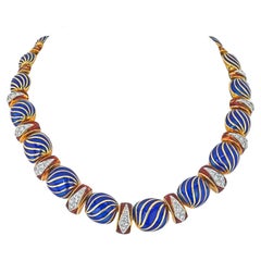 David Webb 18K Yellow Gold Blue And Red Enamel Diamond Collar Necklace