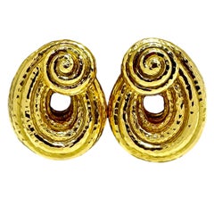 David Webb 18K Yellow Gold Bold Hammered Scroll Motif Earrings