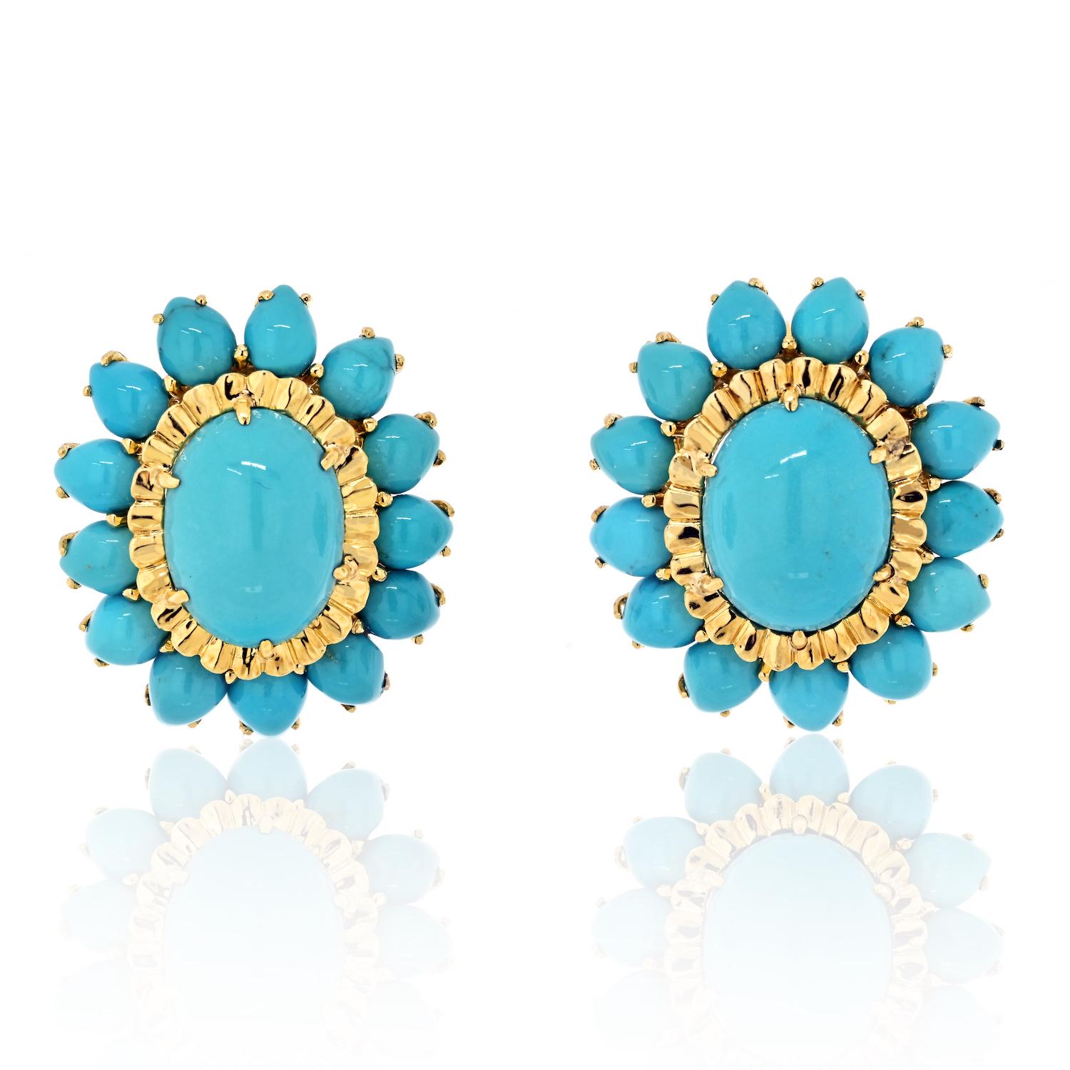 Modern David Webb 18K Yellow Gold Cabochon Cut Turquoise Flower Clip-On Earrings For Sale