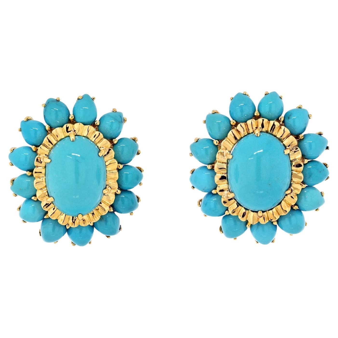 David Webb - Boucles d'oreilles à clip en or jaune 18 carats avec fleur en turquoise taillée en cabochon