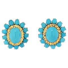 Vintage David Webb 18K Yellow Gold Cabochon Cut Turquoise Flower Clip-On Earrings
