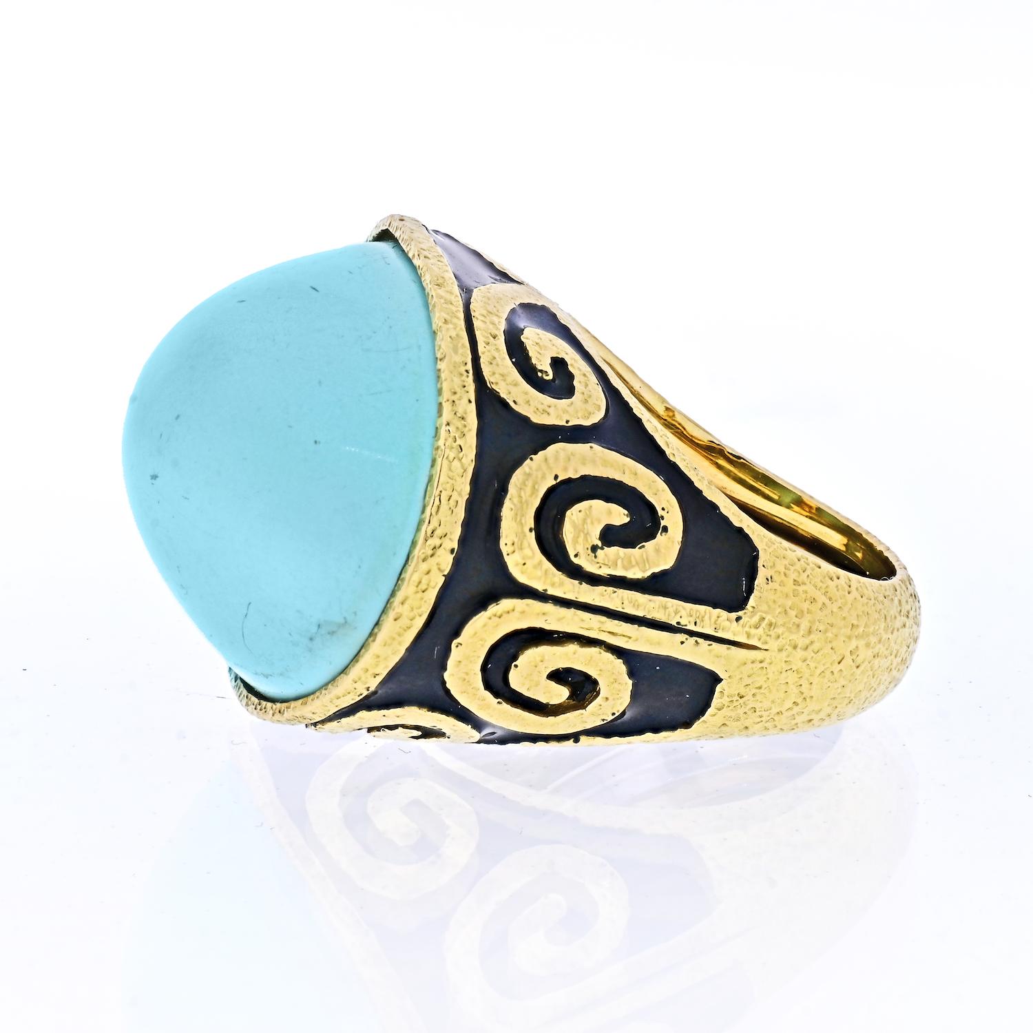 Modern David Webb 18K Yellow Gold Cabochon Cut Turquoise Ring For Sale
