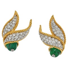 David Webb 18K Yellow Gold Cabochon Emerald and Diamond Clip on Earrings