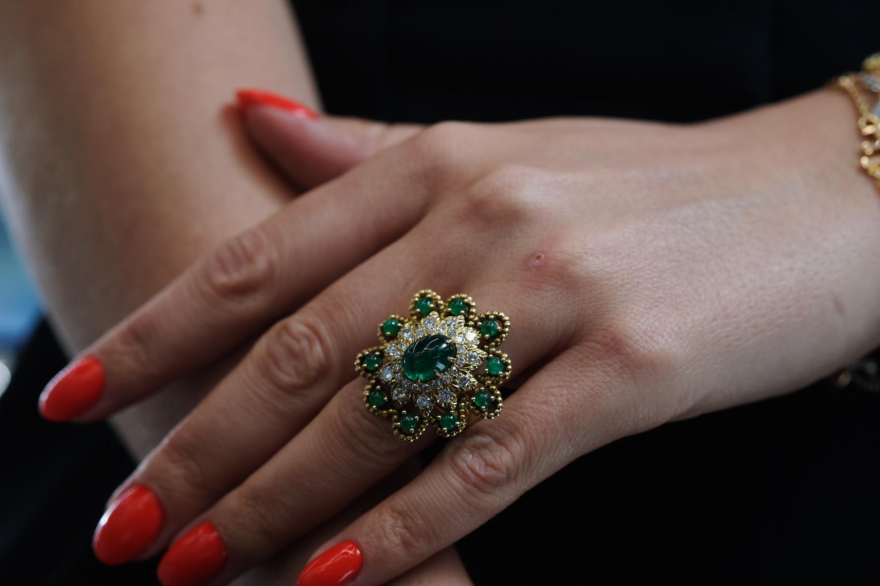 Emerald Cut David Webb 18K Yellow Gold Cabochon Emerald Diamond Flower Ring For Sale