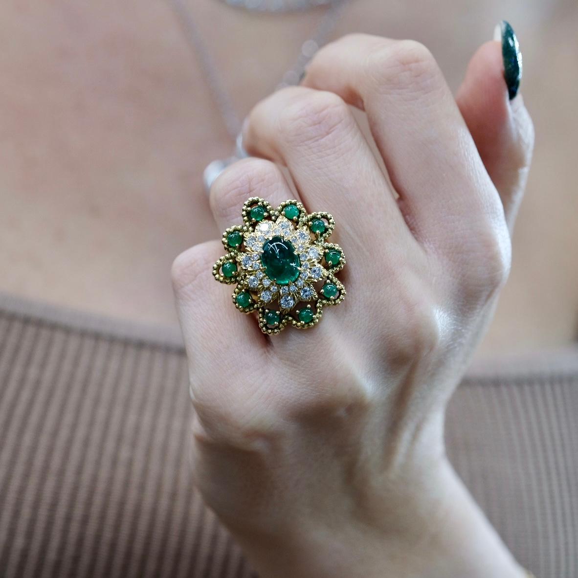 David Webb 18K Yellow Gold Cabochon Emerald Diamond Flower Ring In Excellent Condition For Sale In New York, NY
