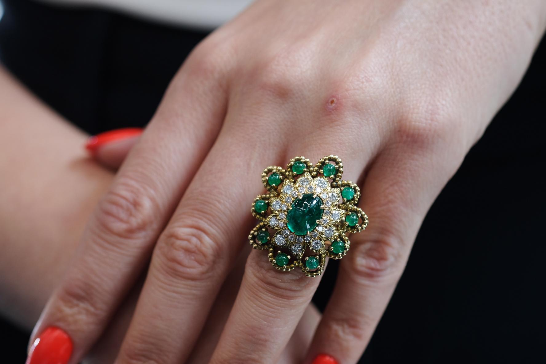 David Webb 18K Yellow Gold Cabochon Emerald Diamond Flower Ring For Sale 1