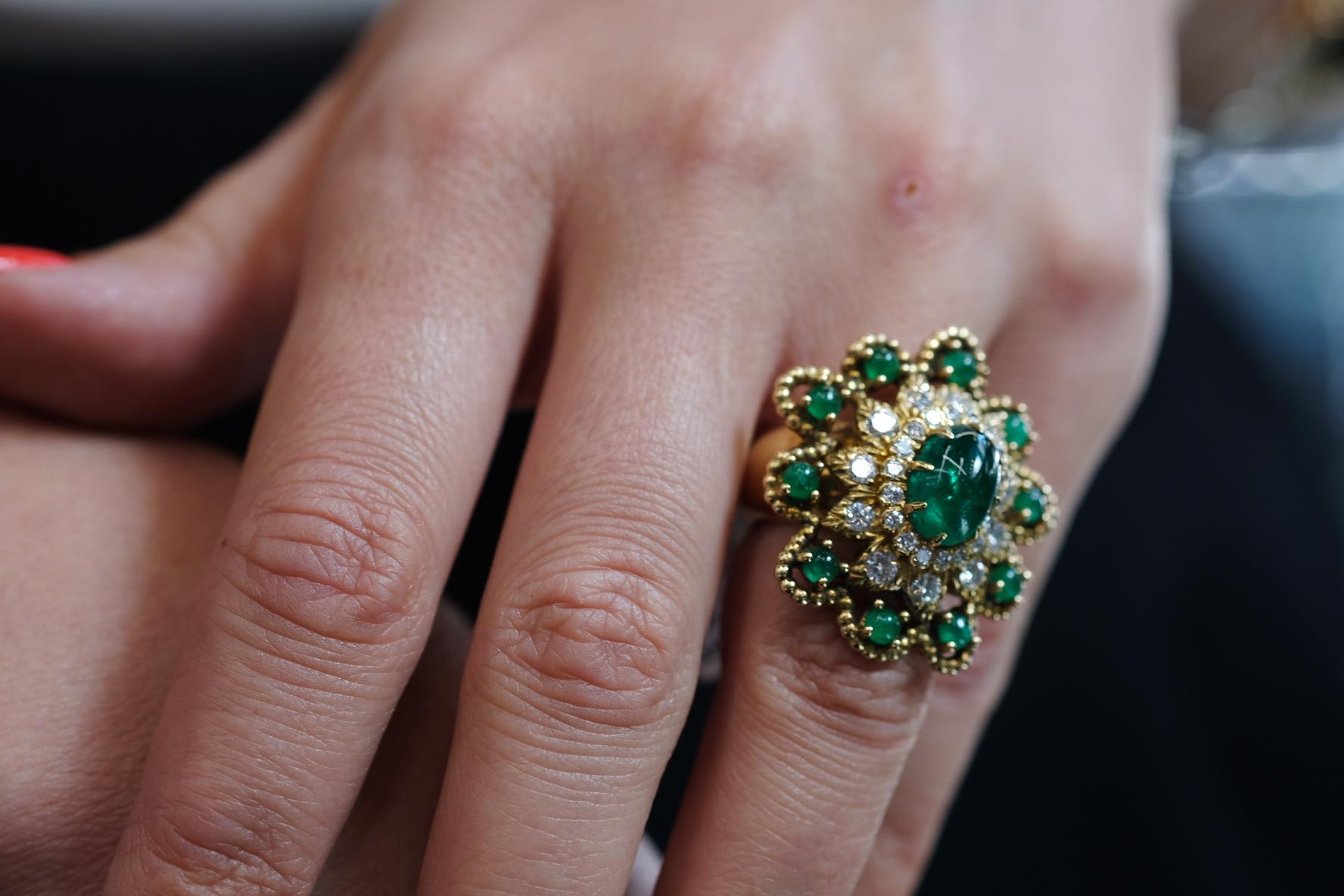 David Webb 18K Yellow Gold Cabochon Emerald Diamond Flower Ring For Sale 2