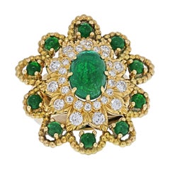 David Webb 18K Yellow Gold Cabochon Emerald Diamond Flower Ring